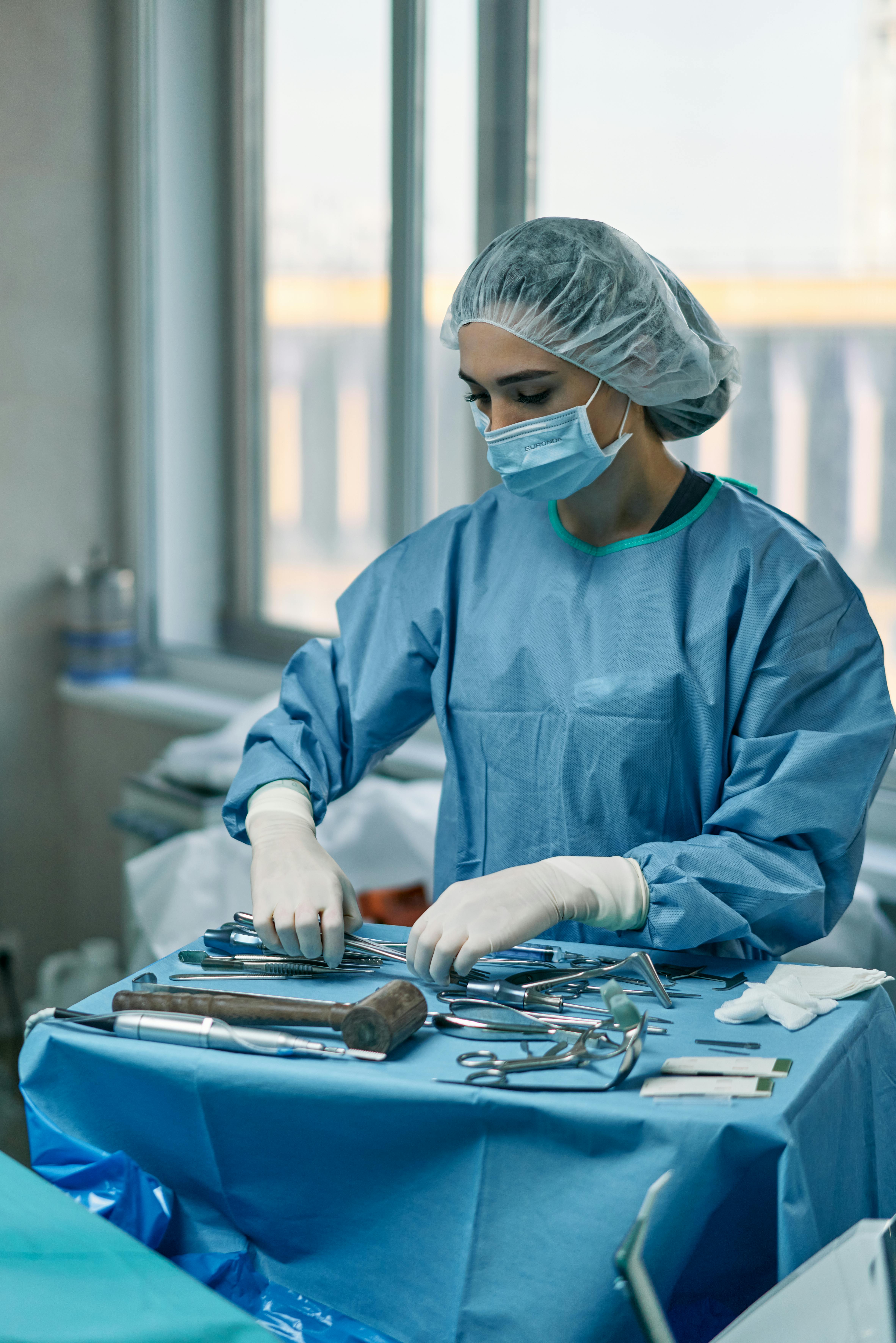 Instrument tray with surgical tools on a sterile table